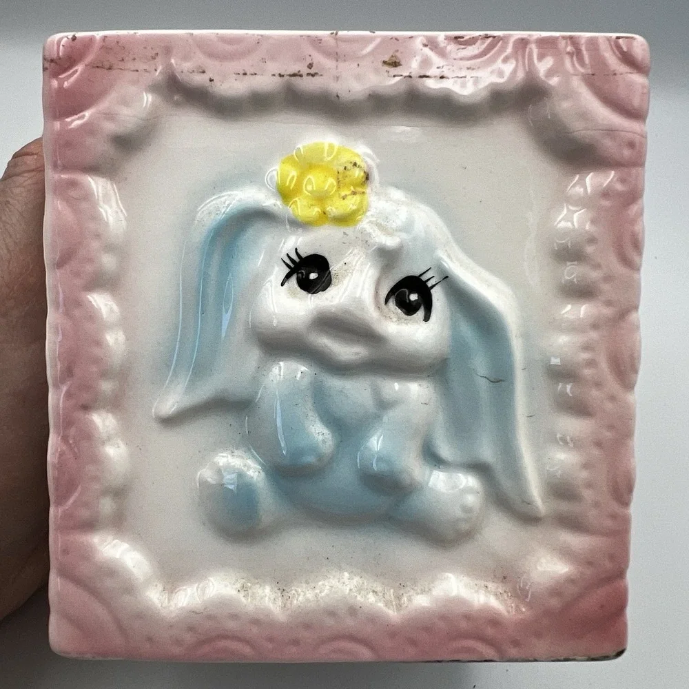 Vintage MCM Pastel Pink Baby Block Nursery Bear Bunny Lamb Planter Ceramic Japan